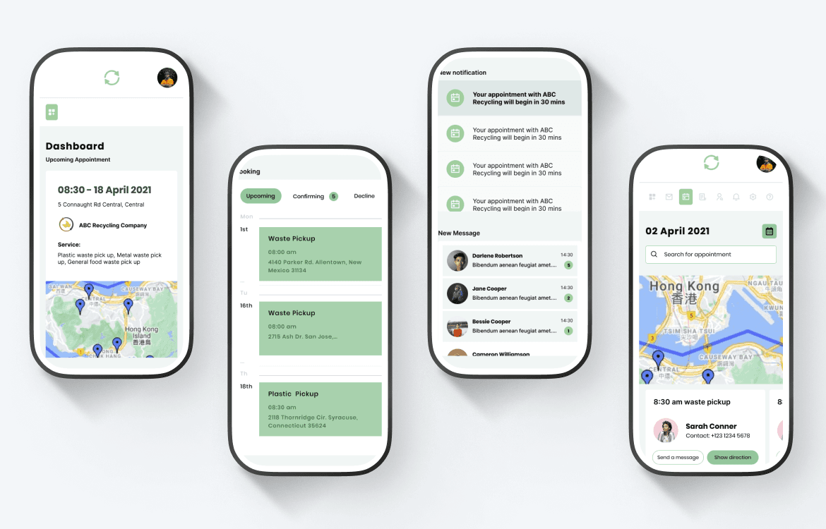 Four smartphones display a recycling app interface, featuring appointment details, a calendar, notification list, and a map of Hong Kong with highlighted locations.