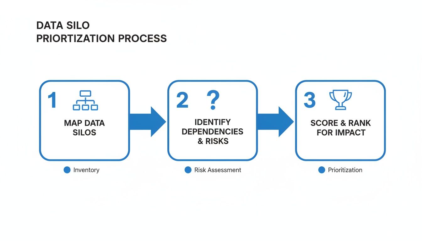 A three-step process diagram for data silo prioritization, showing mapping, risk identification, and impact ranking.