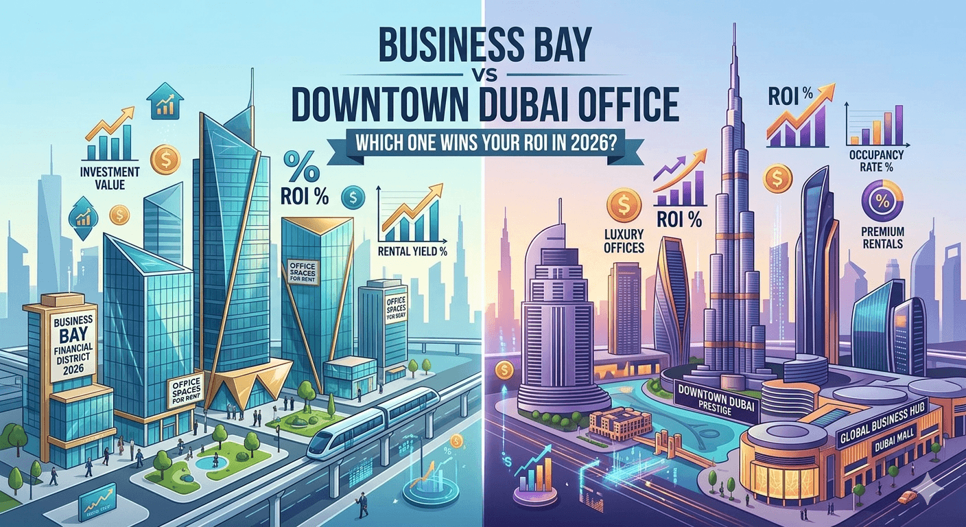 Aerial view of Business Bay and Downtown Dubai skyline — comparing office rental locations for Dubai startups and SMEs in 2026.
