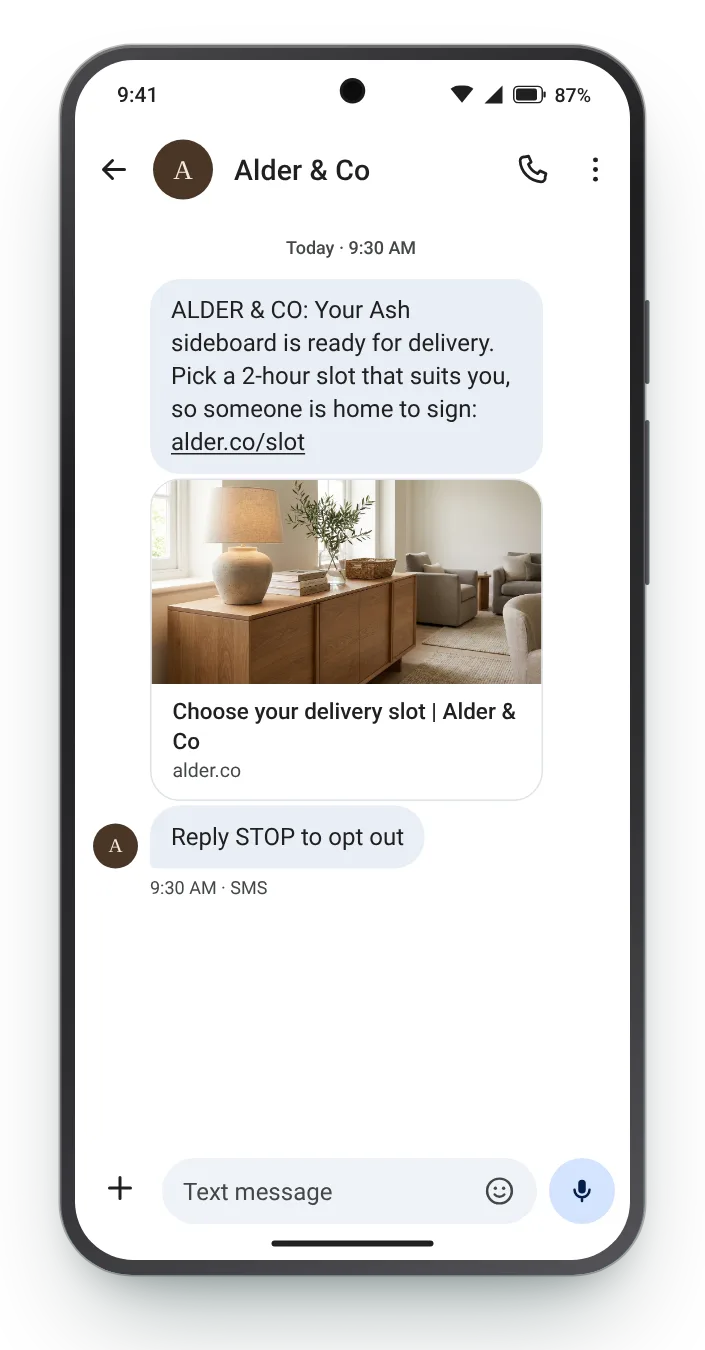 Choose a delivery slot transactional SMS on an Android phone