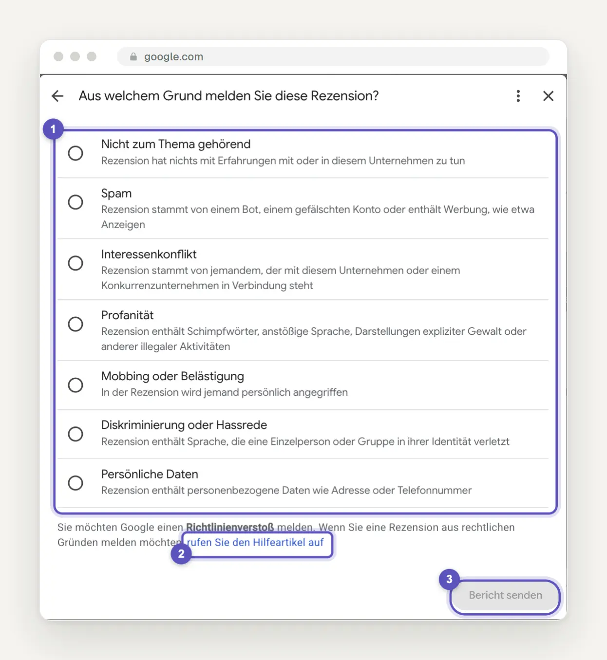 Melden-Dialog einer Google-Rezension mit den sieben Gründen von Nicht zum Thema gehörend bis Persönliche Daten, darunter der Link zum Hilfeartikel für rechtliche Gründe und die noch graue Schaltfläche Bericht senden.