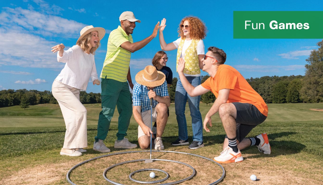 A group of happy friends playing a target golf game on a sunny outdoor course.