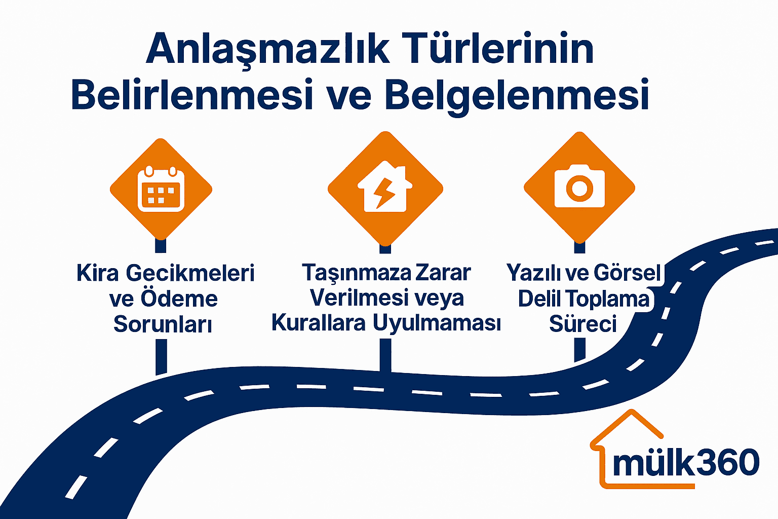 Mülk360 ‘Anlaşmazlık Türlerinin Belirlenmesi ve Belgelenmesi’ grafiği; kira gecikmeleri, taşınmaz hasarı ve delil toplama başlıklı üç yol tabelası.