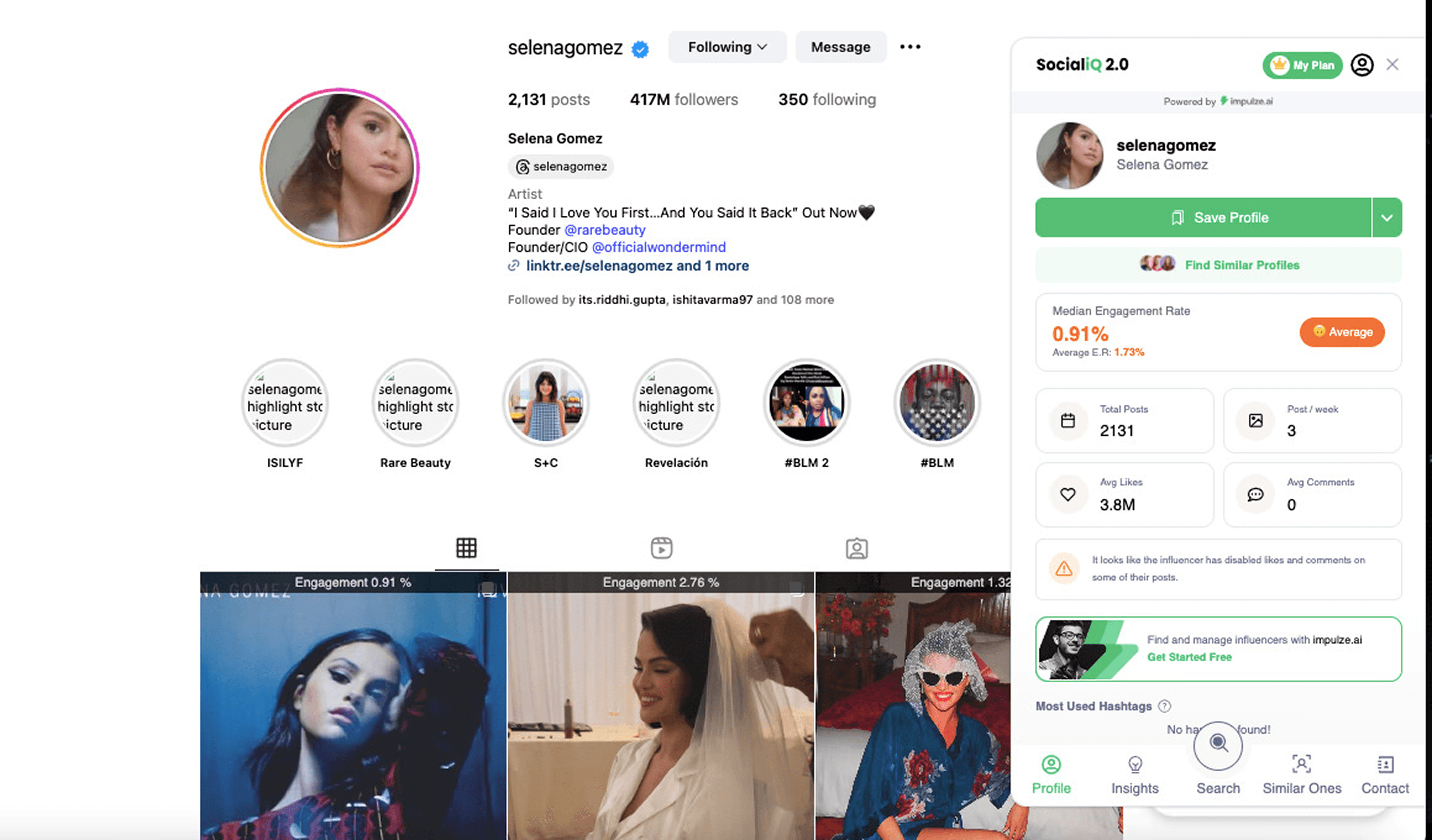 SocialiQ showing engagement rates on instagram