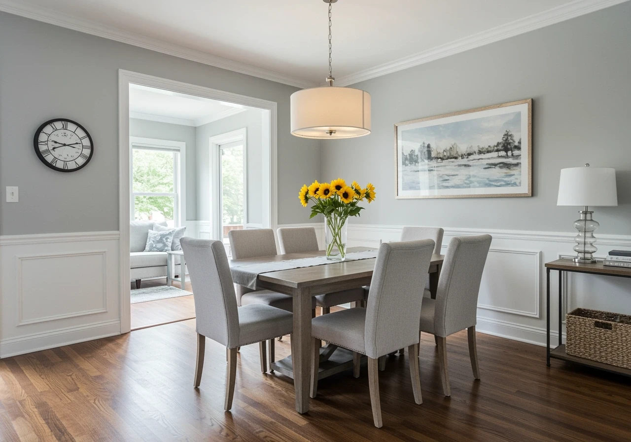 Harmonious open concept dining area with soft gray walls connecting kitchen and living spaces