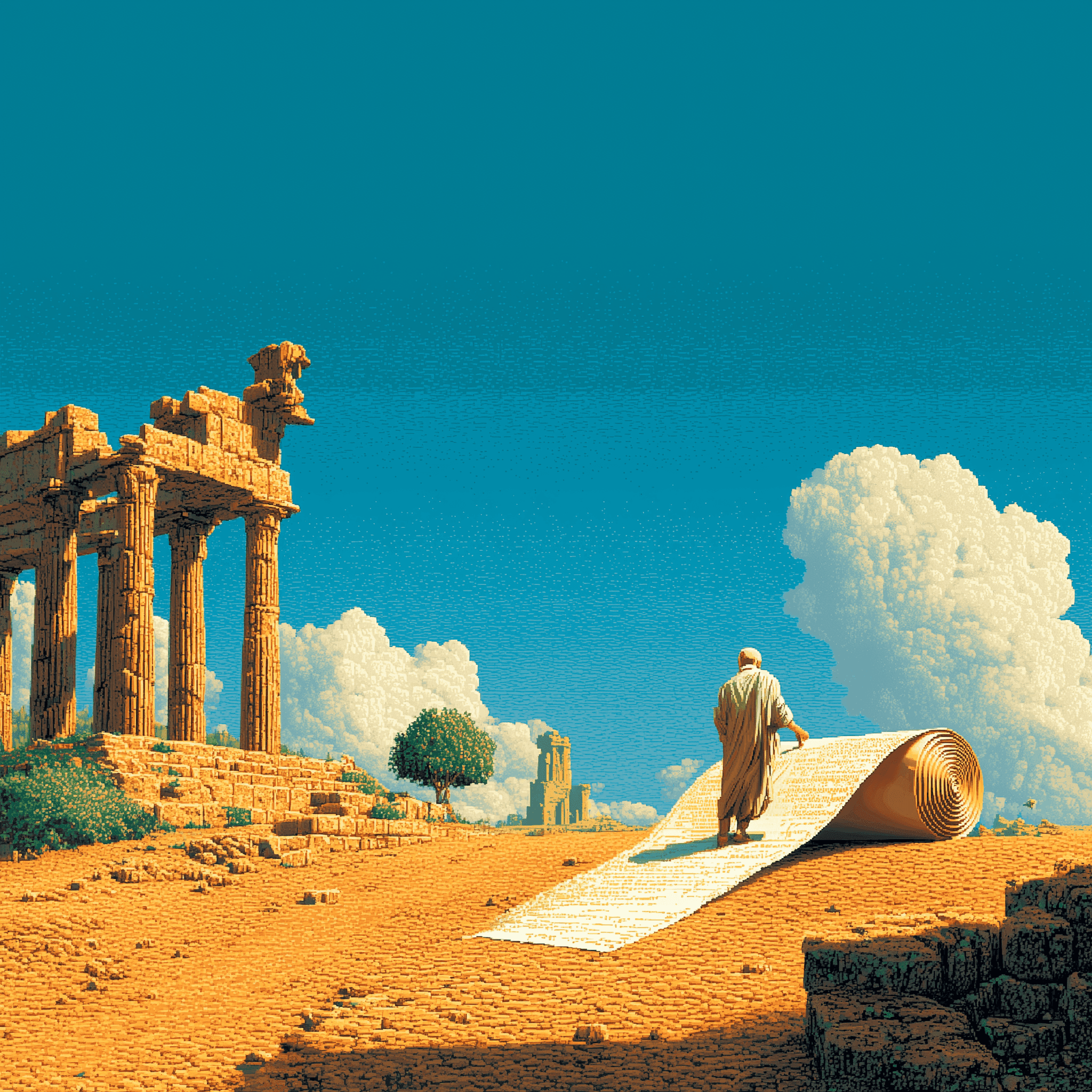 Illustration en pixel art d'un architecte romain déroulant un long parchemin devant des ruines de temple antique sous un ciel bleu.