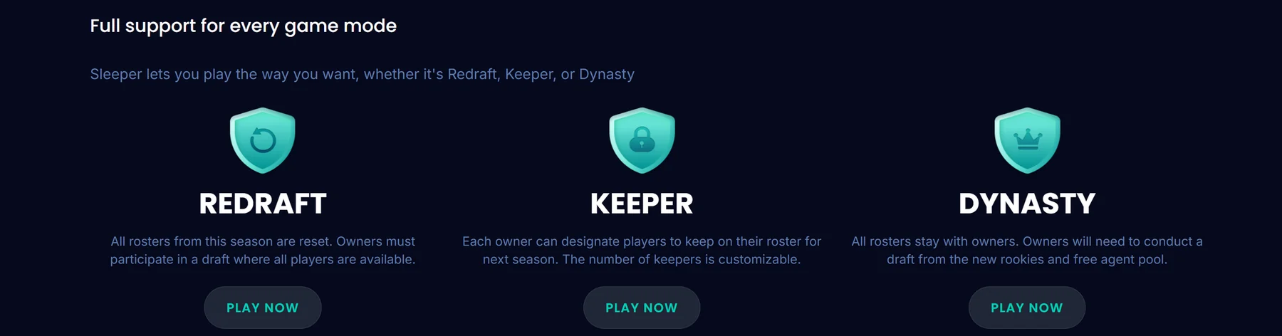 The previous Sleeper page's game modes section: three cards for Redraft, Keeper and Dynasty