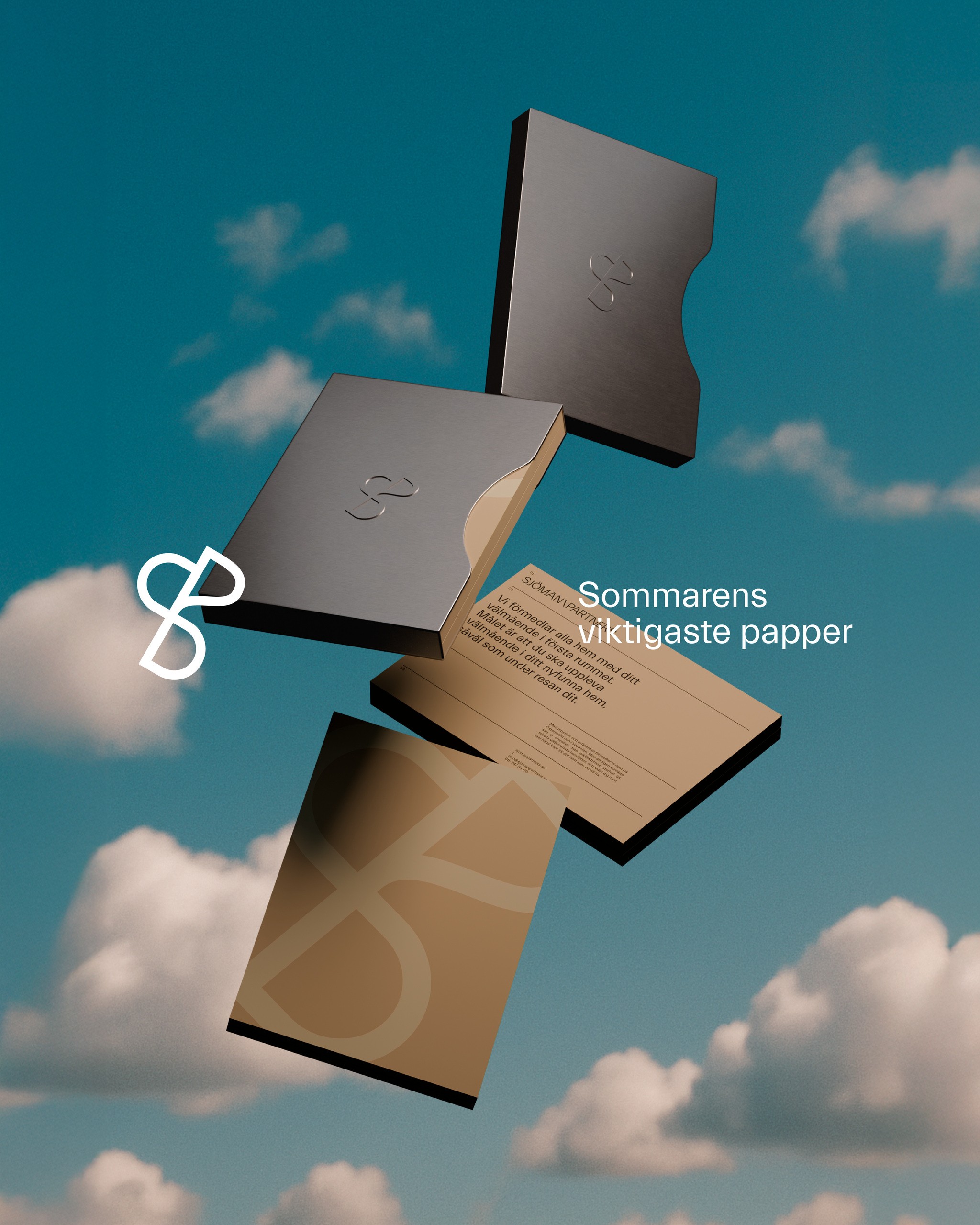 Sjöman Partners presentation packaging suspended against a blue sky, with the headline Sommarens viktigaste papper