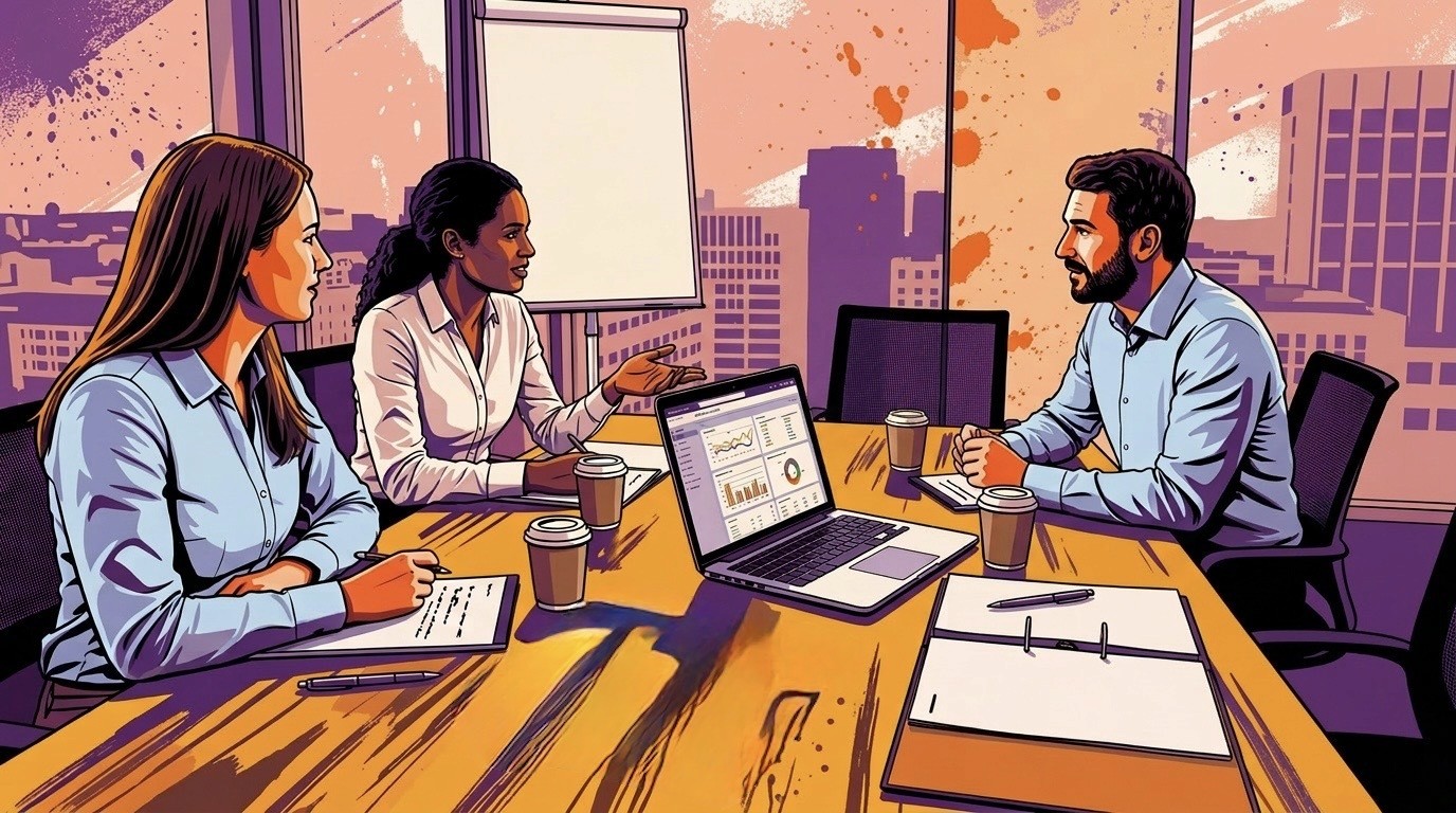 Eine Illustration von drei Personen in einem Geschäftstreffen in einem Büro.