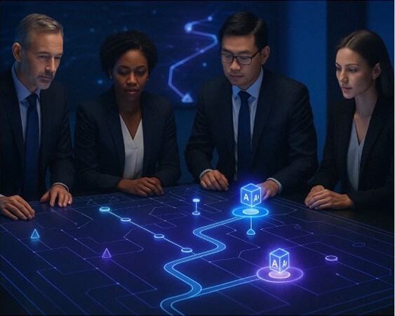Business team gathered around a digital table displaying a holographic AI network with glowing connection paths and nodes representing AI components.