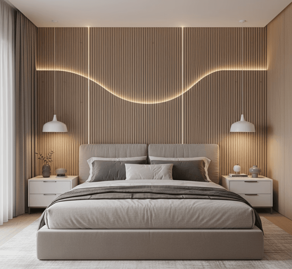 Taupe low-profile bed with seamless minimalist silhouette.