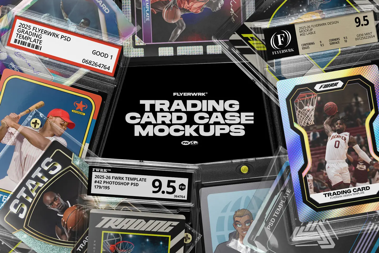 Trading card case mockups collection showing graded slabs toploaders and sports card designs