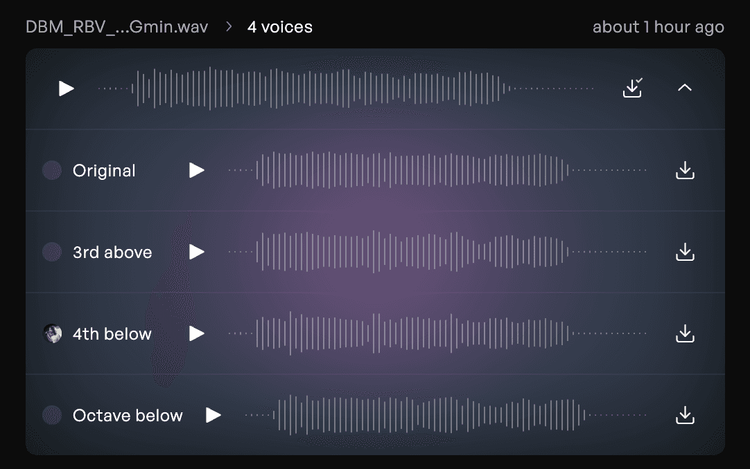 The Generated Four Part choir stems from the Kits AI Harmony Generator.