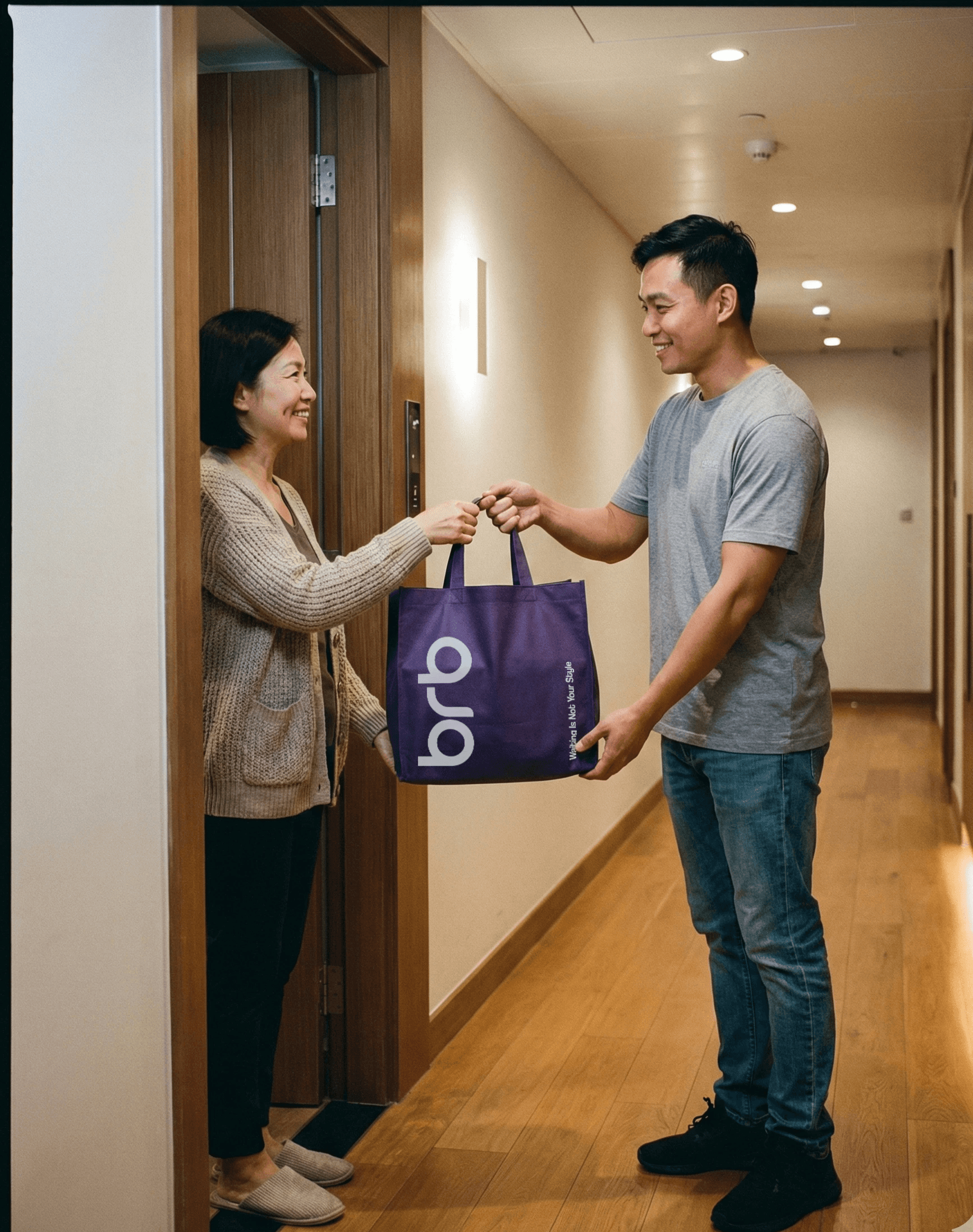 A rider handing a purple BRB bag to a smiling woman at the door of her apartment hallway
