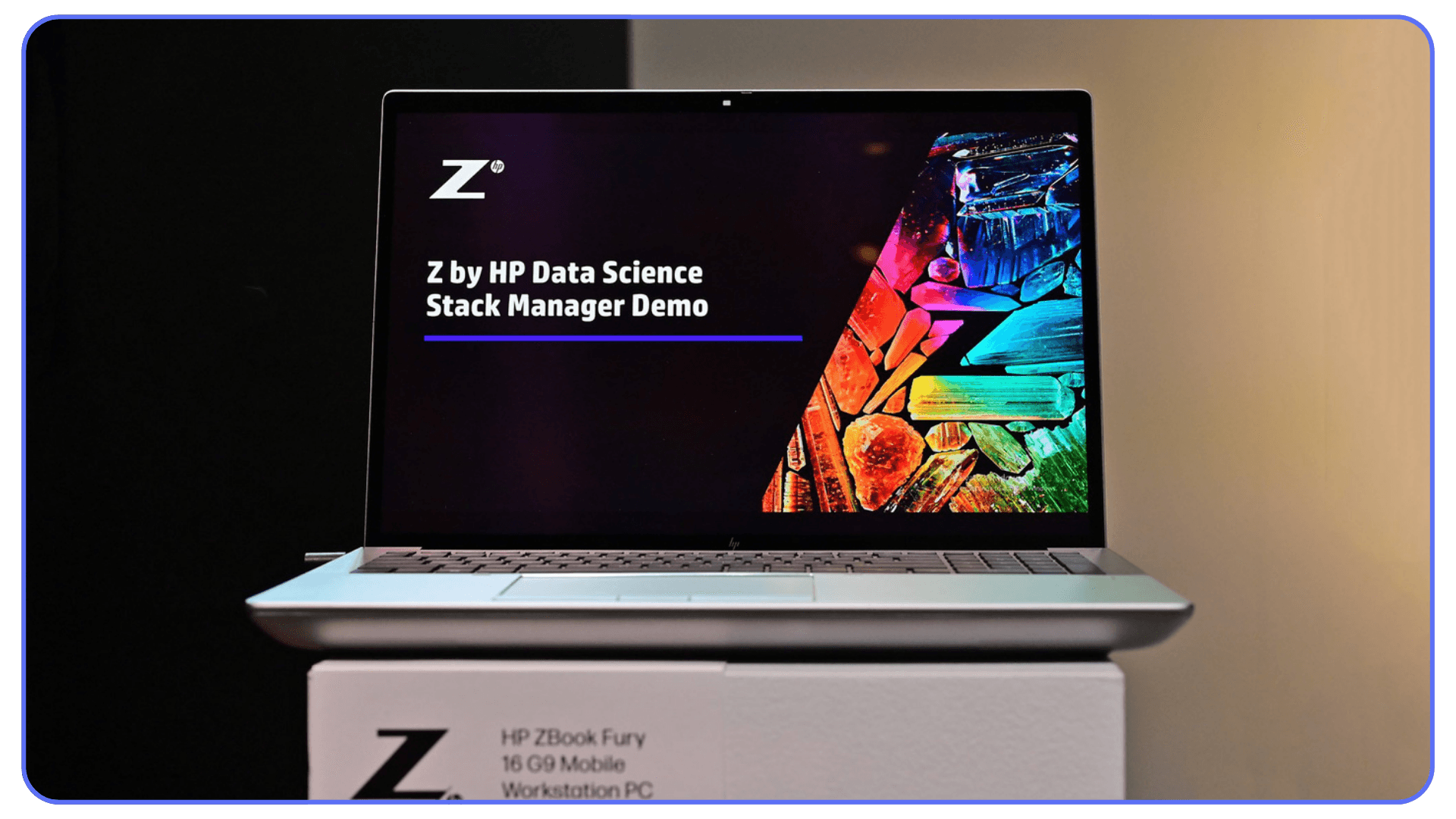 HP ZBook Fury workstation laptop displaying the HP Data Science Stack Manager demo screen.