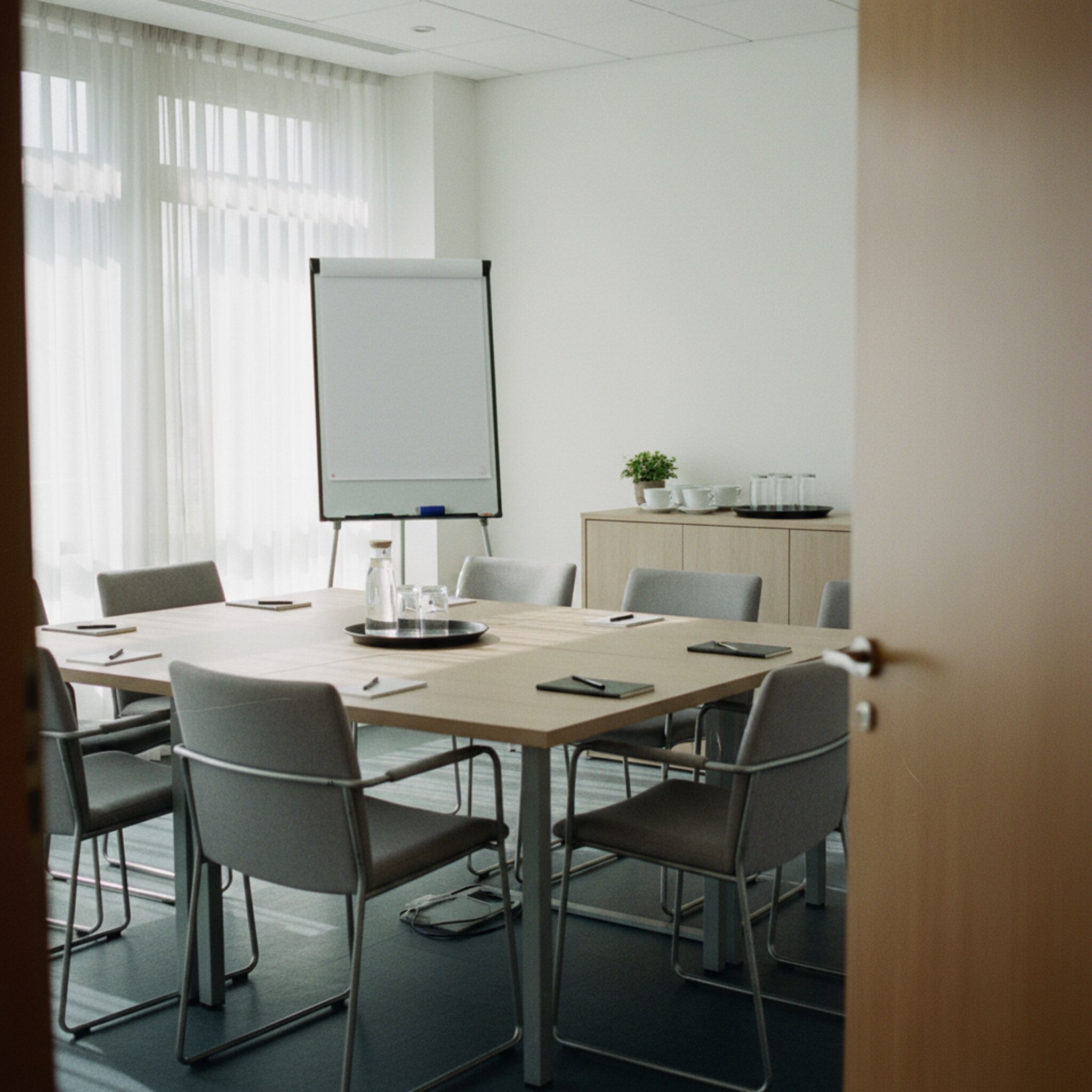 Ein vorbereiteter Meetingraum mit aufgeräumtem Tisch, daneben ein Flipchart und ein sauber gewischtes Whiteboard. Stühle stehen gleichmäßig, auf einem Sideboard wartet ein Tablett mit Tassen und Wasser. Die Tür ist einen Spalt geöffnet, als würde gleich ein Workshop beginnen. Die Stimmung ist konzentriert und professionell.