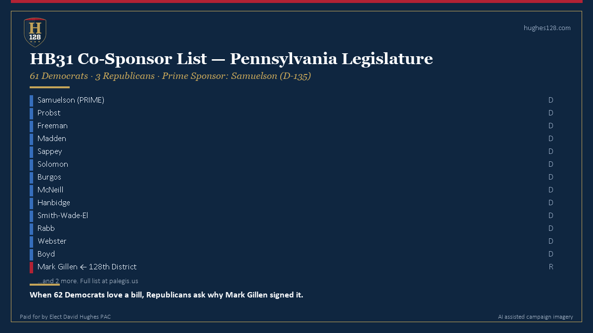 HB 31 co-sponsor list — 63 Democrats and Mark Gillen — PA redistricting