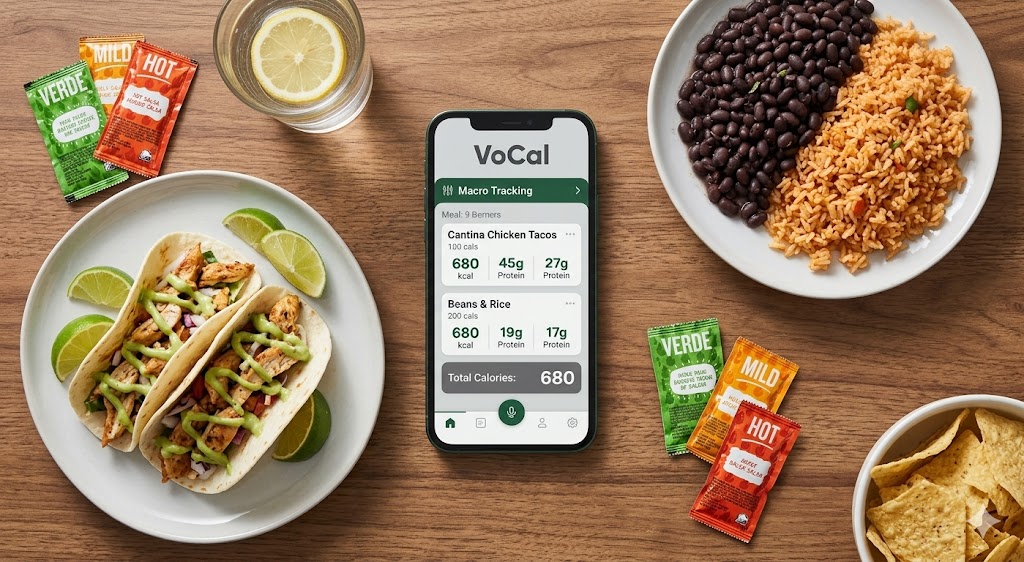 An overhead photograph of a healthy Taco Bell-inspired meal being tracked on the VoCal app. Two plates with chicken tacos and avocado, and a plate of black beans and rice are on a wooden table. The central phone screen displays 'VoCal Macro Tracking' with a breakdown of 680 calories for Cantina Chicken Tacos (45g protein) and 190 calories for Beans & Rice (17g protein). Four salsa packets (Verde, Mild, Hot), a glass of water, and lime wedges surround the phone.