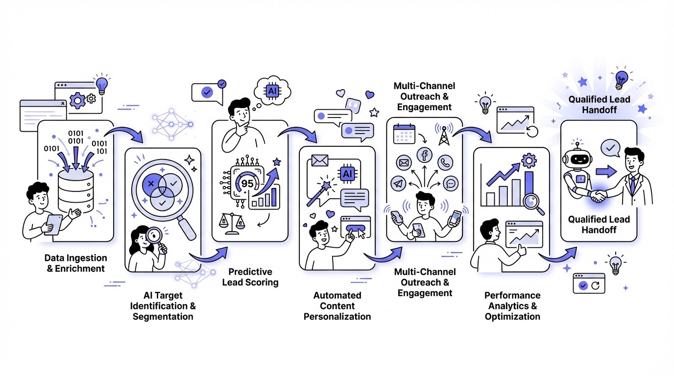A detailed infographic diagram titled 'Complete AI Sales Prospecting Workflow'. It visually outlines seven sequential stages: Data Ingestion & Enrichment, AI Target Identification & Segmentation, Predictive Lead Scoring, Automated Content Personalization, Multi-Channel Outreach & Engagement, Performance Analytics & Optimization, and Qualified Lead Handoff. Each stage is represented by a distinct color-coded block with a relevant icon and connected by glowing directional arrows, set against a modern, tech-themed background.