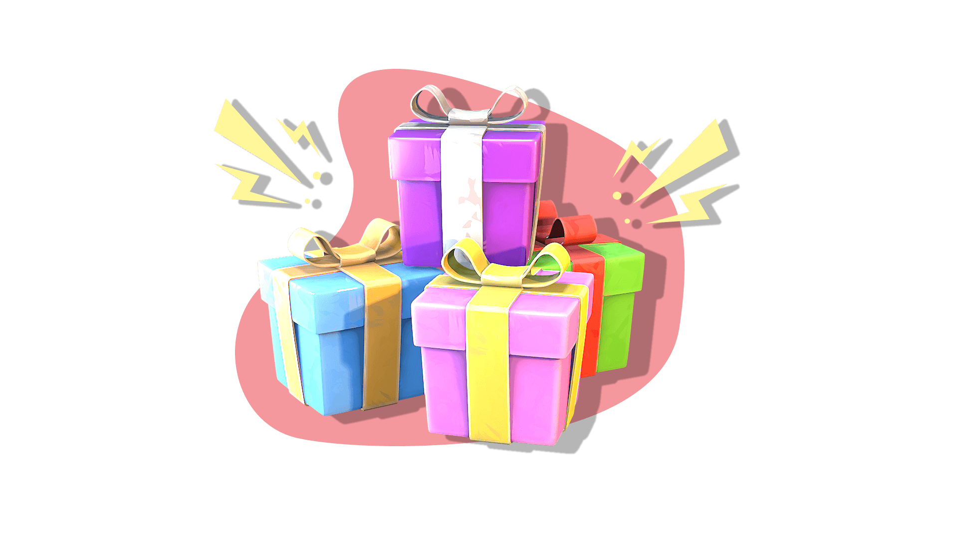 3D image of a stack of vibrant-colored presents.
