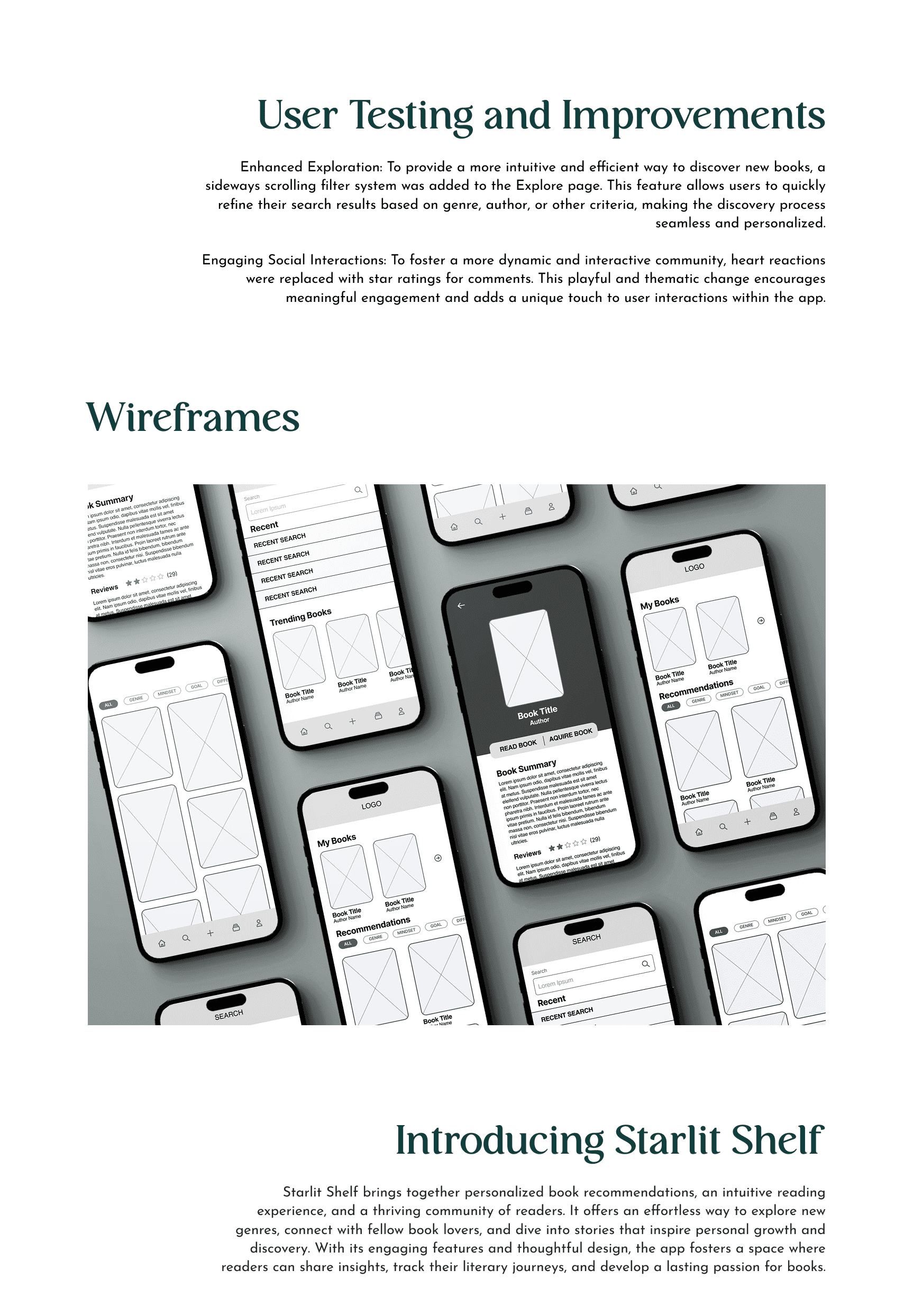 Several smartphone screens displaying book app wireframes.