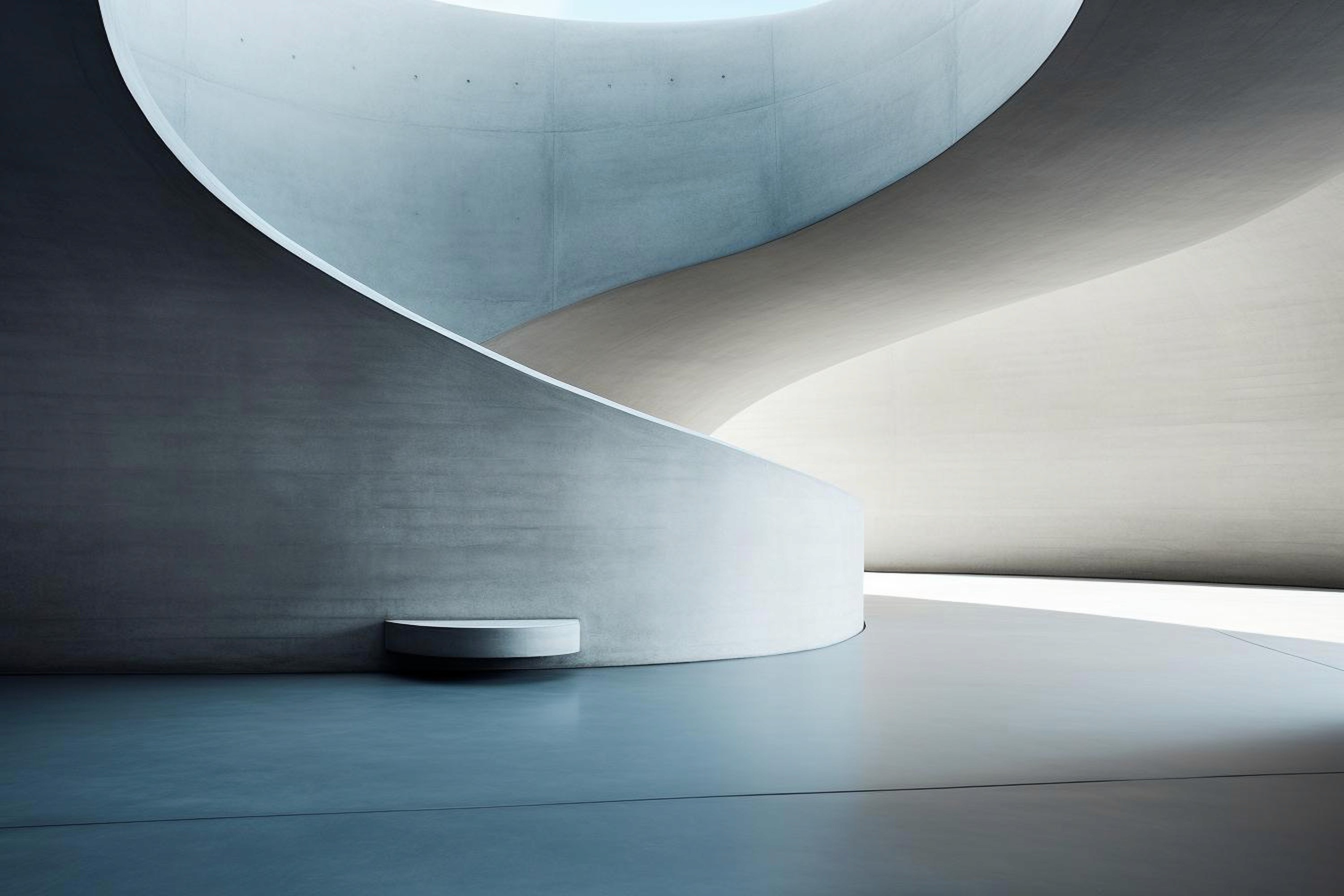 A modern architectural space with a smooth, curved concrete staircase. Soft, natural light illuminates the minimalist, serene interior.