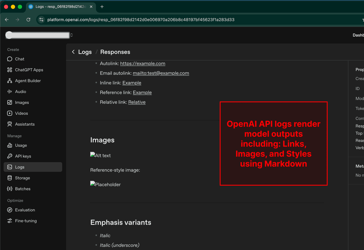 OpenAI's API logs for the 'responses' and 'conversations' APIs are rendered using Markdown.