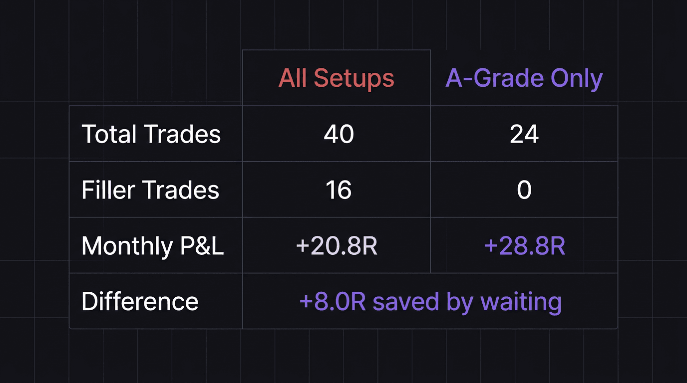 Comparison table showing monthly results for a trader who takes all setups versus a trader who waits for A-grade setups only