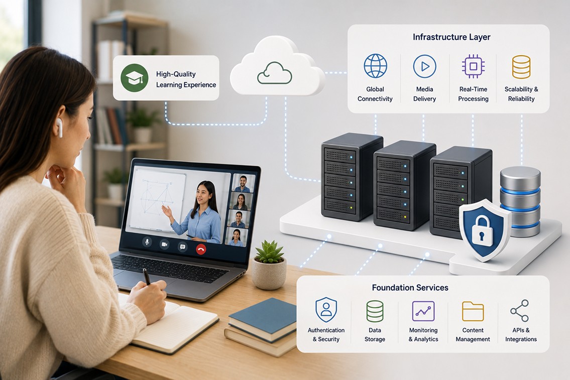 Education platform infrastructure supporting online learning with virtual classroom, cloud services, data storage, security, and real-time media delivery.