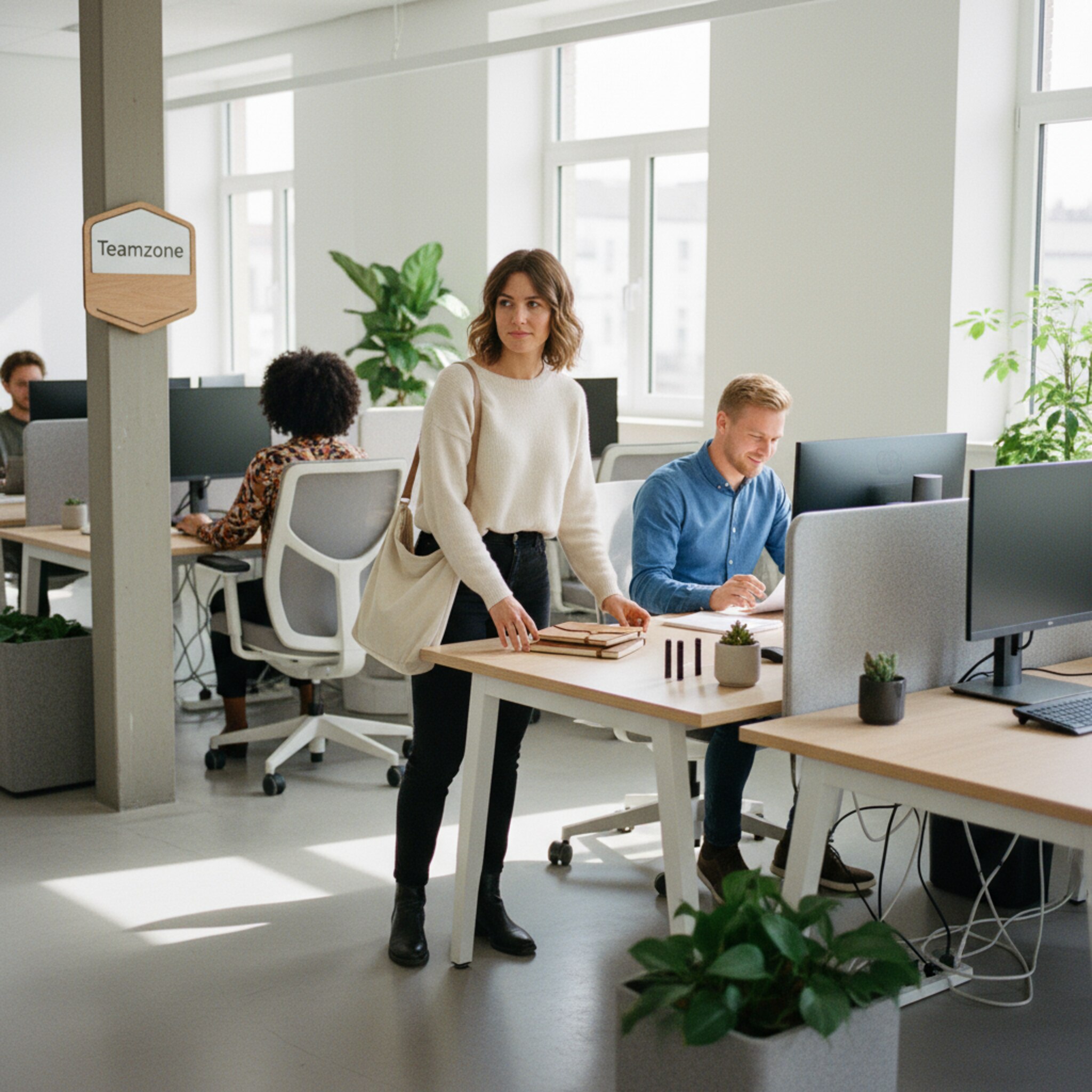 Eine Mitarbeiterin betritt eine ruhige Zone und setzt einen Notizblock und Stifte auf einen freien Schreibtisch. Einige Plätze sind belegt, andere klar freigehalten. Ein freundlicher Hinweis auf die Teamzone hängt an einer Säule. Die Szene vermittelt Leichtigkeit und zügiges Ankommen ohne Umwege.