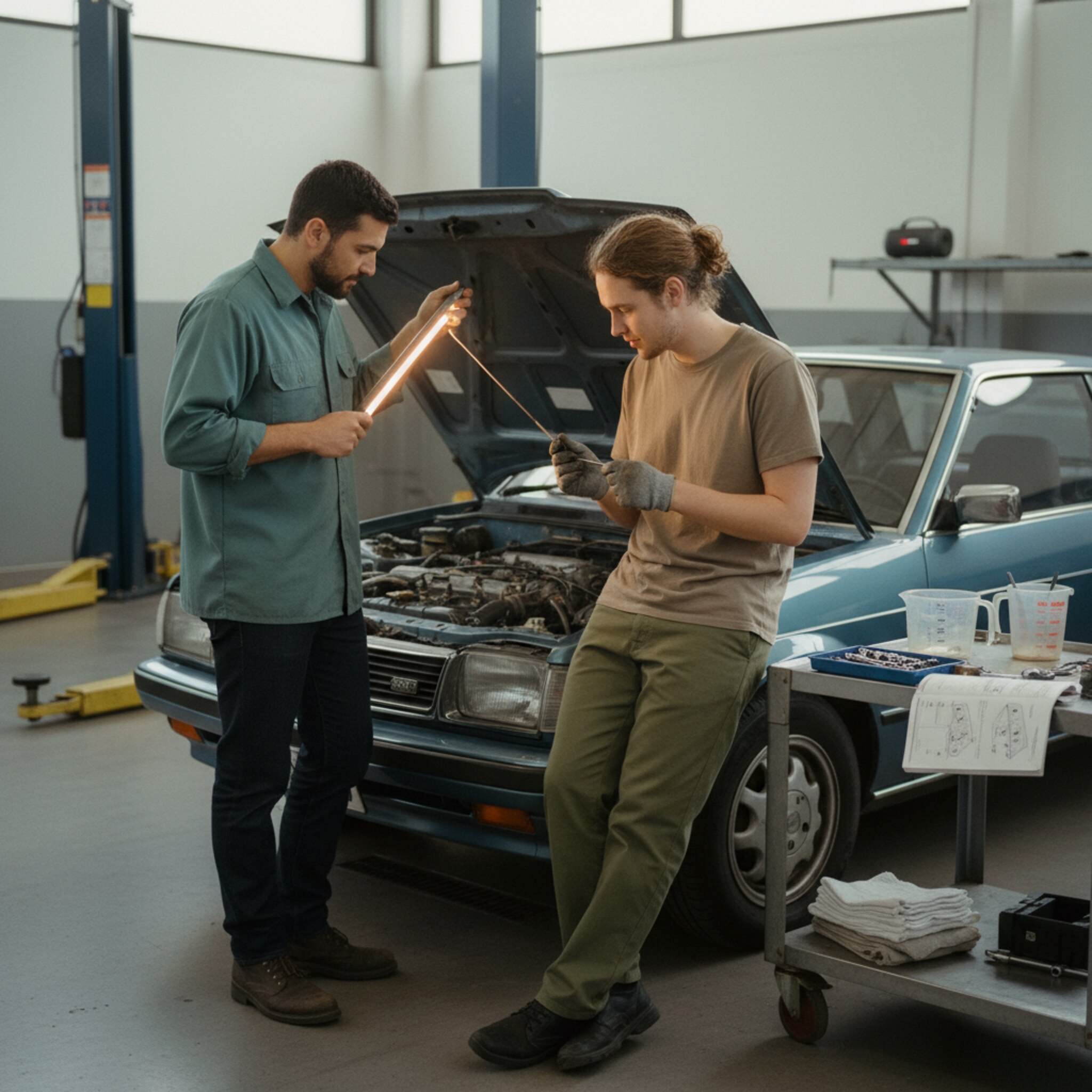 Zwei Freunde arbeiten an einem Kleinwagen, einer hält eine schmale Lampe, der andere prüft gelassen den Ölstand. Ein sauberer Werkstatttisch mit Tüchern und Messbechern steht seitlich bereit. Leise Musik scheint mitzuschwingen, die Stimmung ist konzentriert. Nebenan wartet eine freie Bühne mit abgesenkten Armen, ordentlich ausgerichtet.