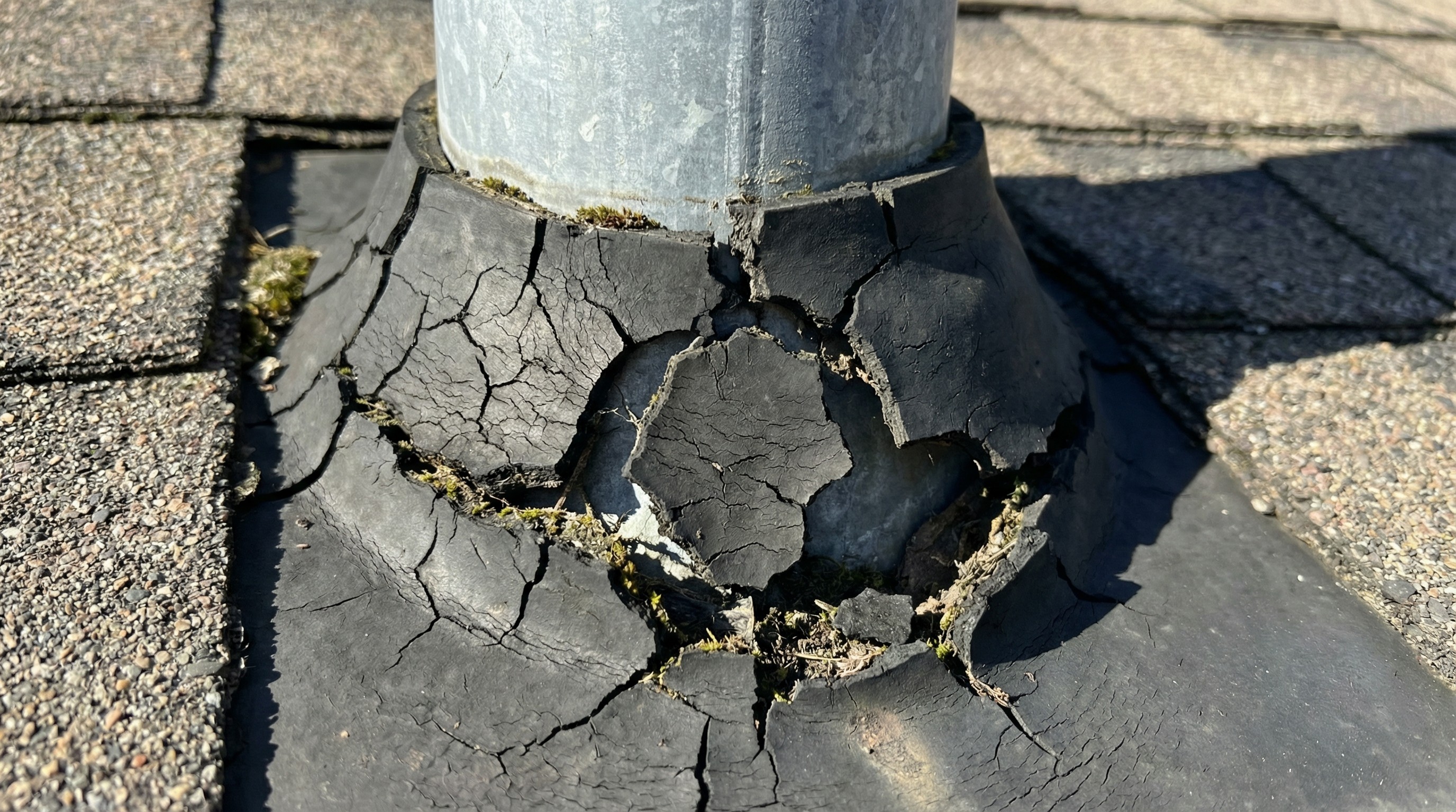 Close-up of various roof components like pipe boots and chimney flashing requiring repair.