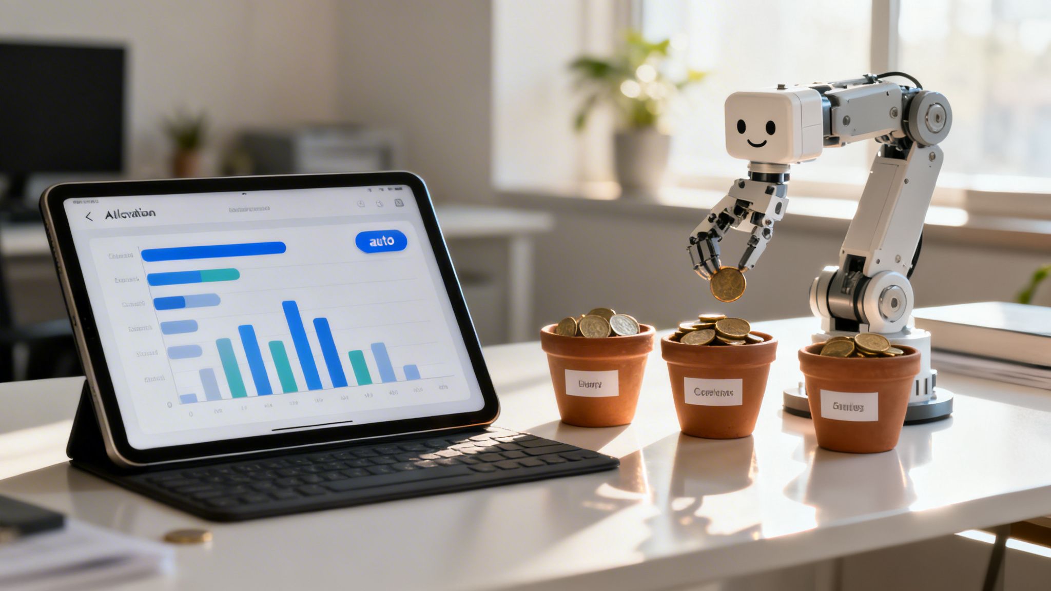 A robot arm drops coins into small pots, with a tablet displaying a financial allocation chart.