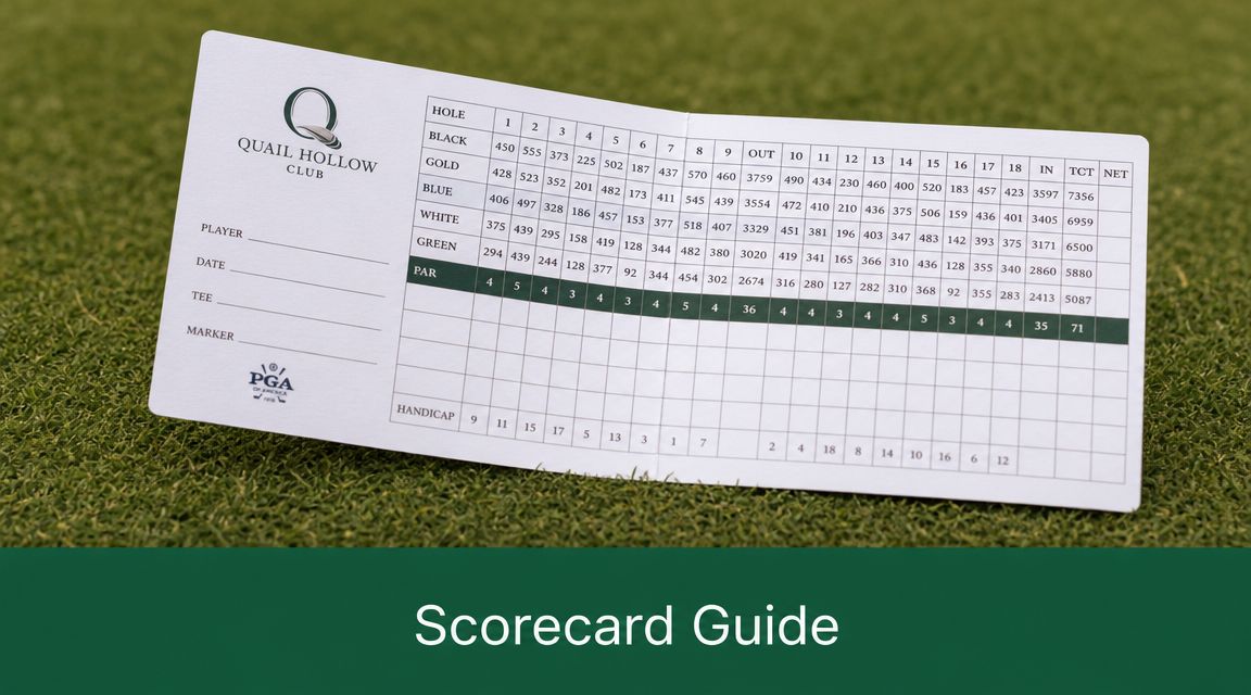 The Quail Hollow Club scorecard displayed on a green putting surface, showing hole yardages and par ratings.
