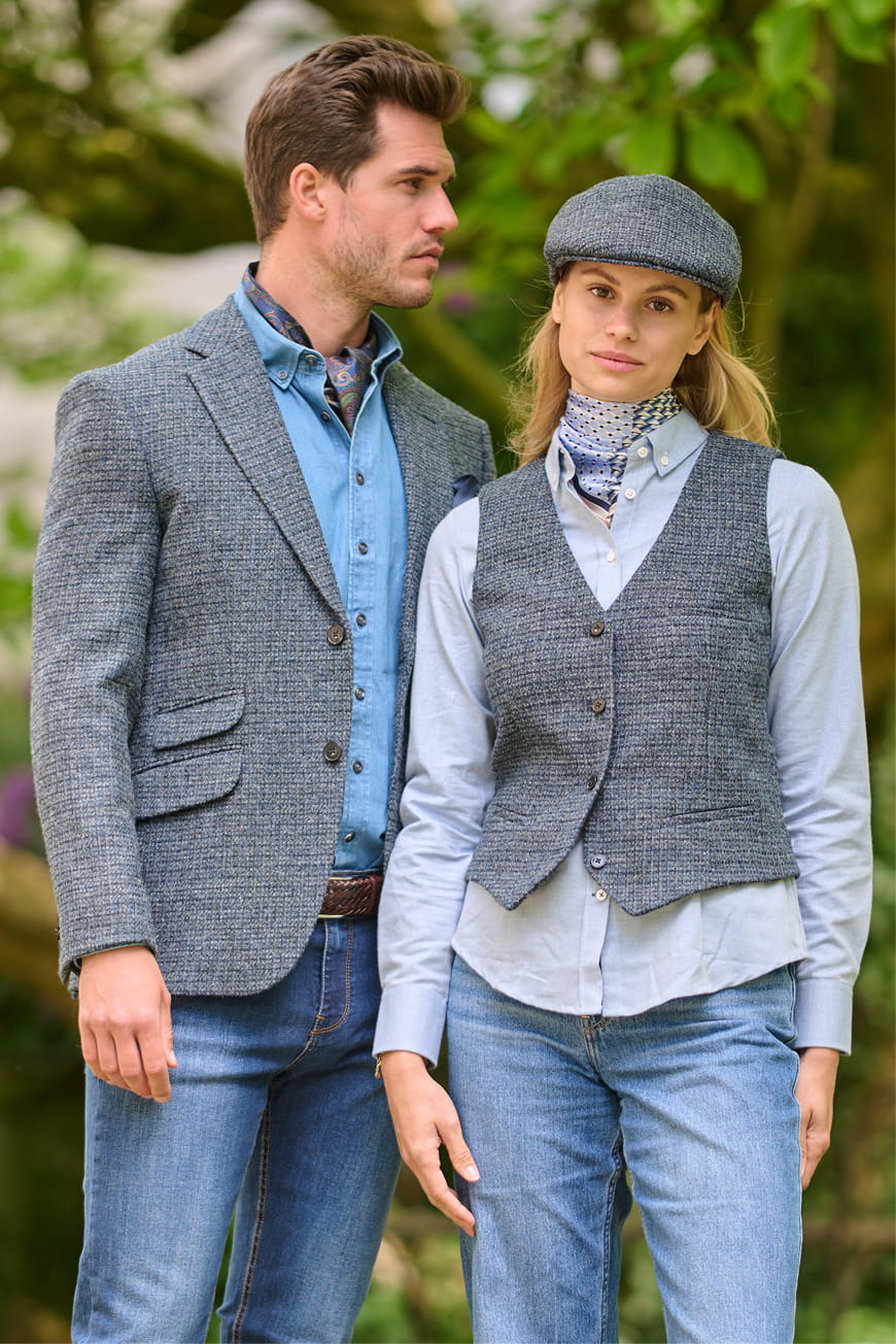 Fashion model in green and cream outfit