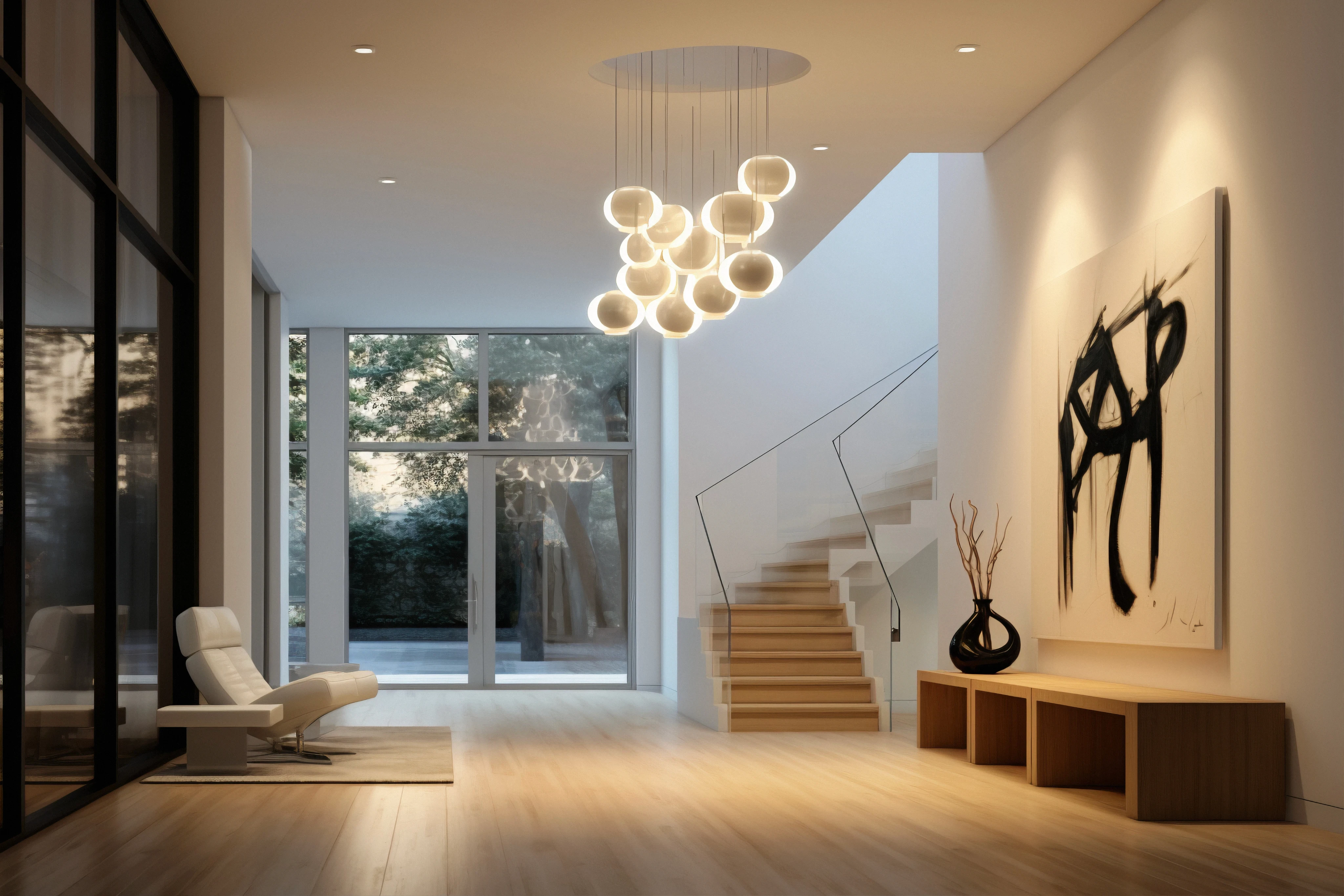 Double-height modern foyer featuring a decorative cluster chandelier, staircase, and glass doors.