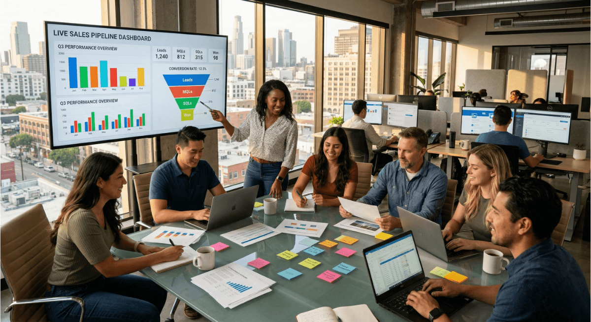 Marketing team reviewing marketing agency leads strategy and pipeline dashboard in a modern office