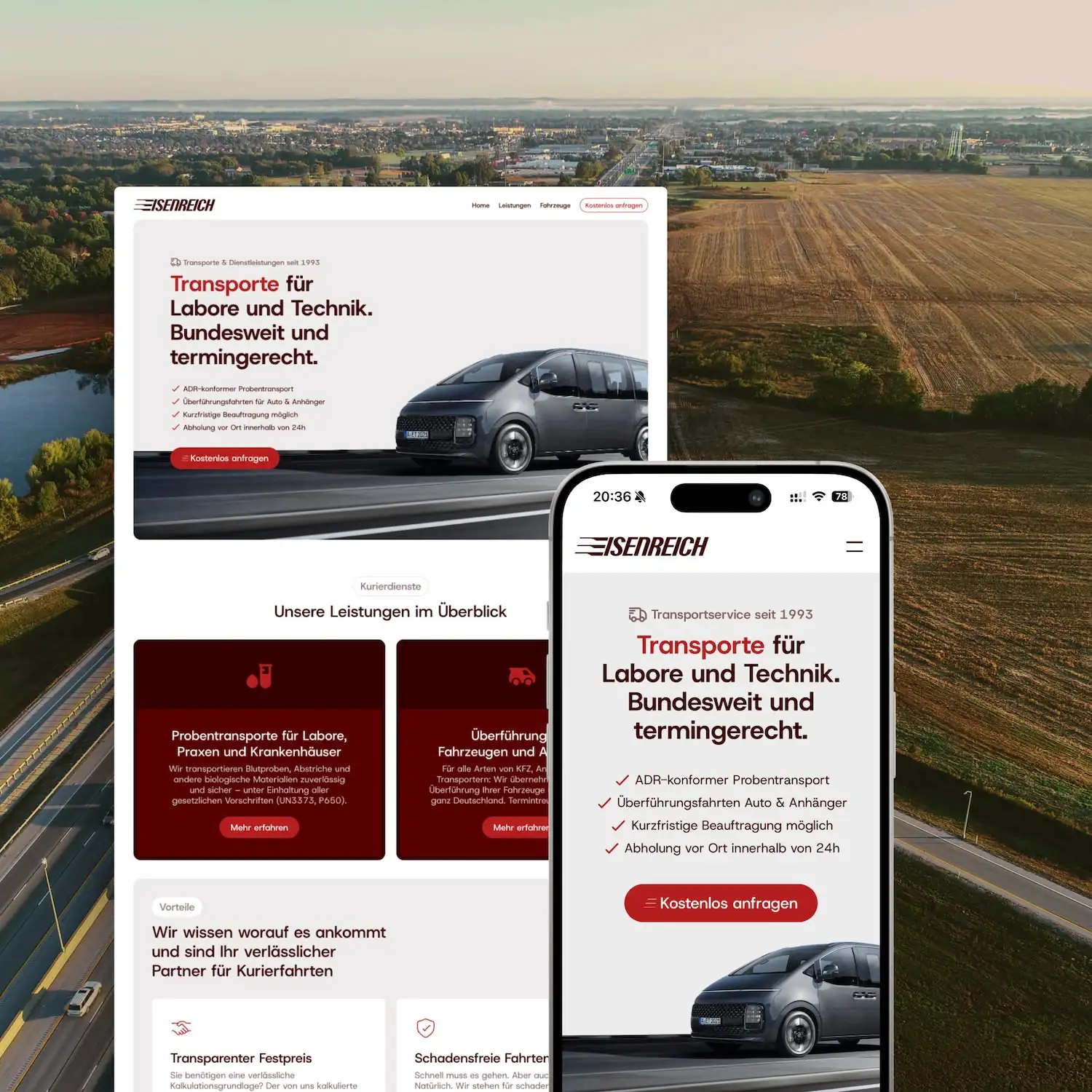 Webseite und Handy-Ansicht: Transporte für Labore, Technik – bundesweit, termingerecht.