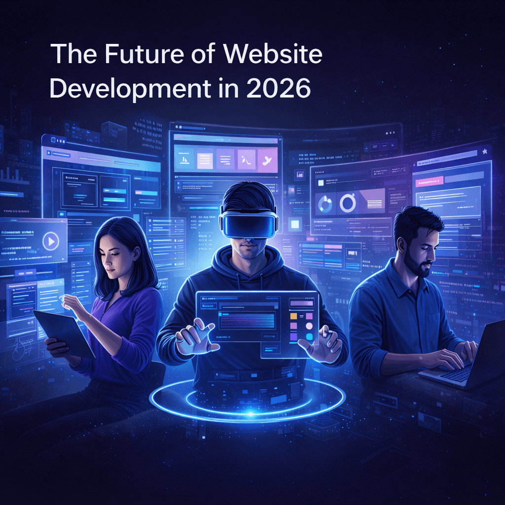 Artonest Design Studio futuristic web development scene for The Future of Website Development Services in 2026 blog, showing developers using advanced software, no-code tools, and AI-powered platforms