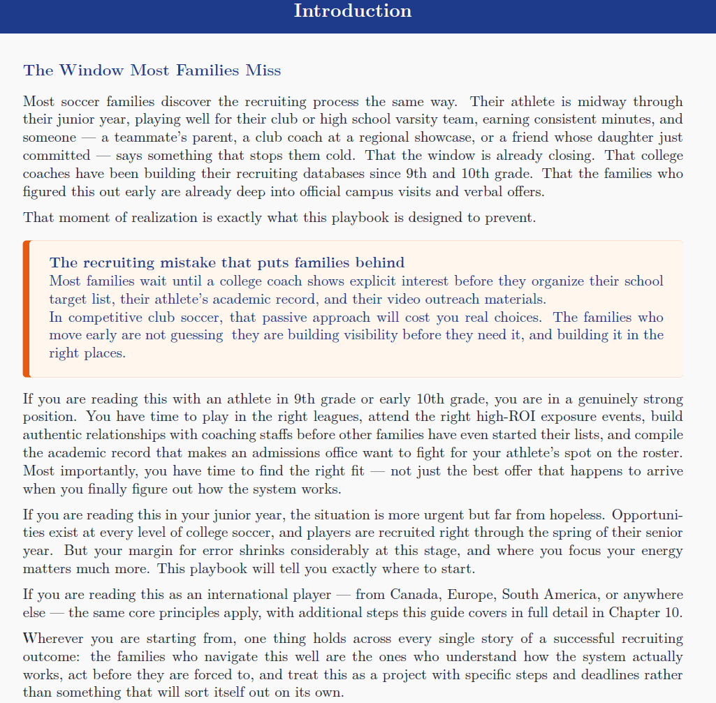A screenshot of the introduction of the Soccer Scholarship Playbook