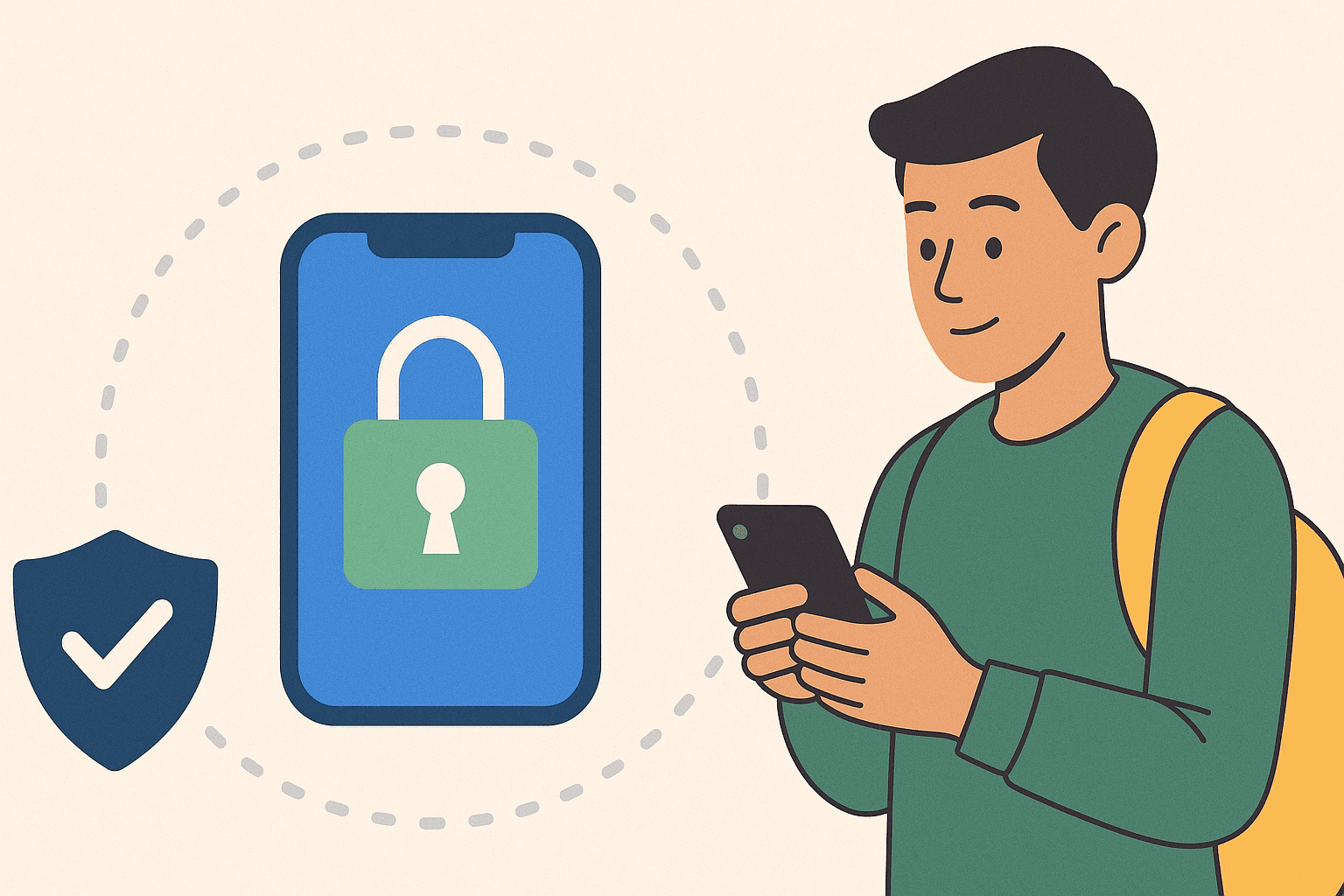 Student looking at a smartphone with a padlock icon and security shield, illustrating how the LockedIn app protects student privacy and enforces school phone rules.