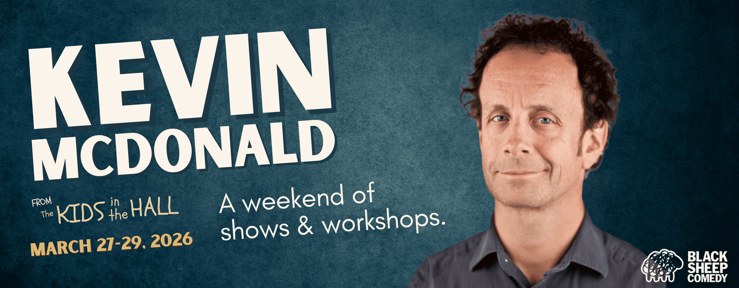 Two performers laughing and interacting with the audience on stage at Black Sheep Comedy, with the Black Sheep Comedy logo visible behind them. Capturing the fun and energy of live improv and sketch comedy performances in Carrboro and Chapel Hill.