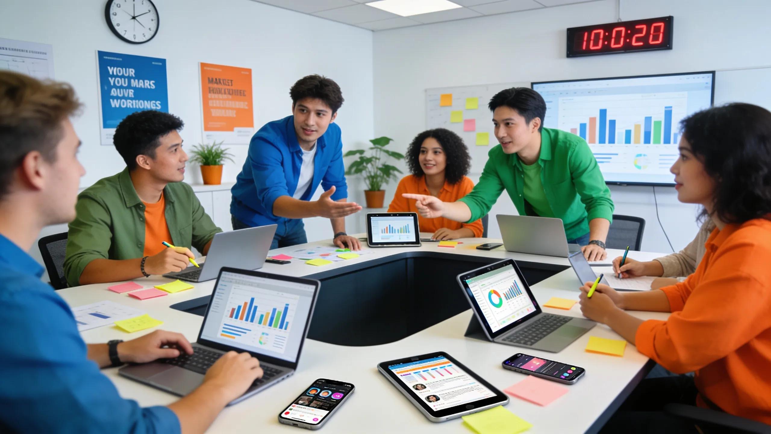 Marketing team collaborating on innovative strategies using technology in a modern office environment