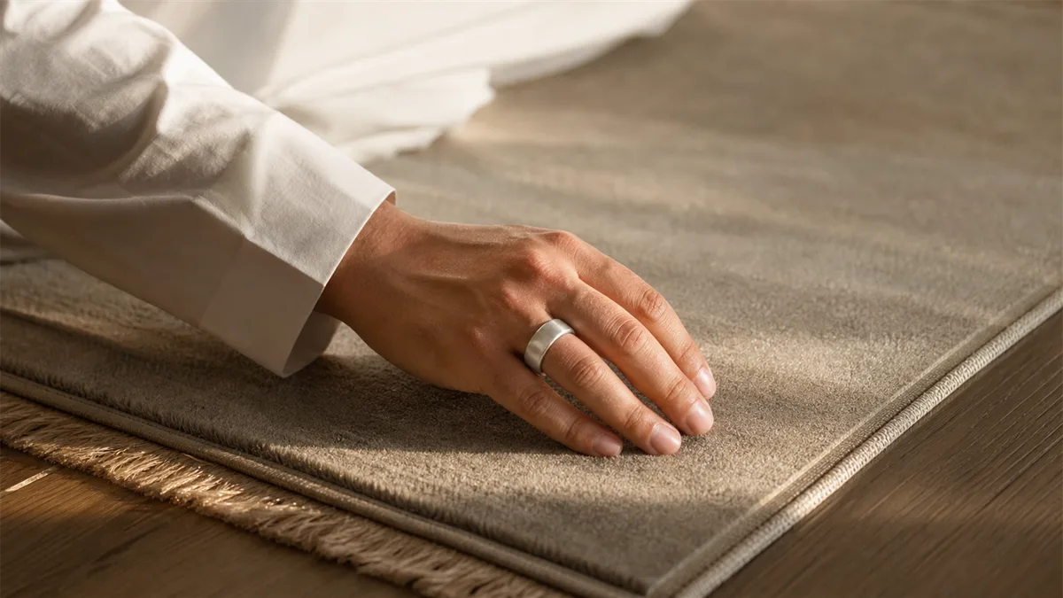 Hand wearing a plain silver smart tasbih ring resting on a simple prayer mat after salah
