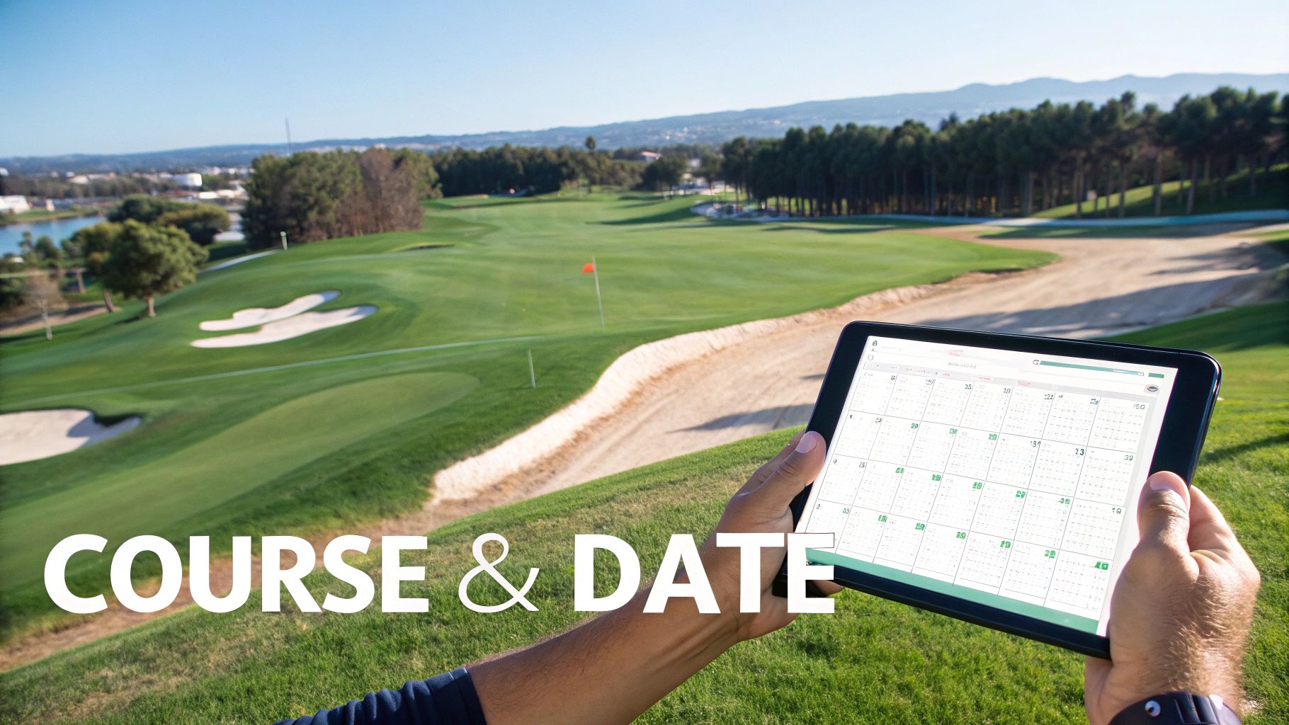 A person holds a tablet displaying a calendar over a scenic golf course, highlighting course and date.