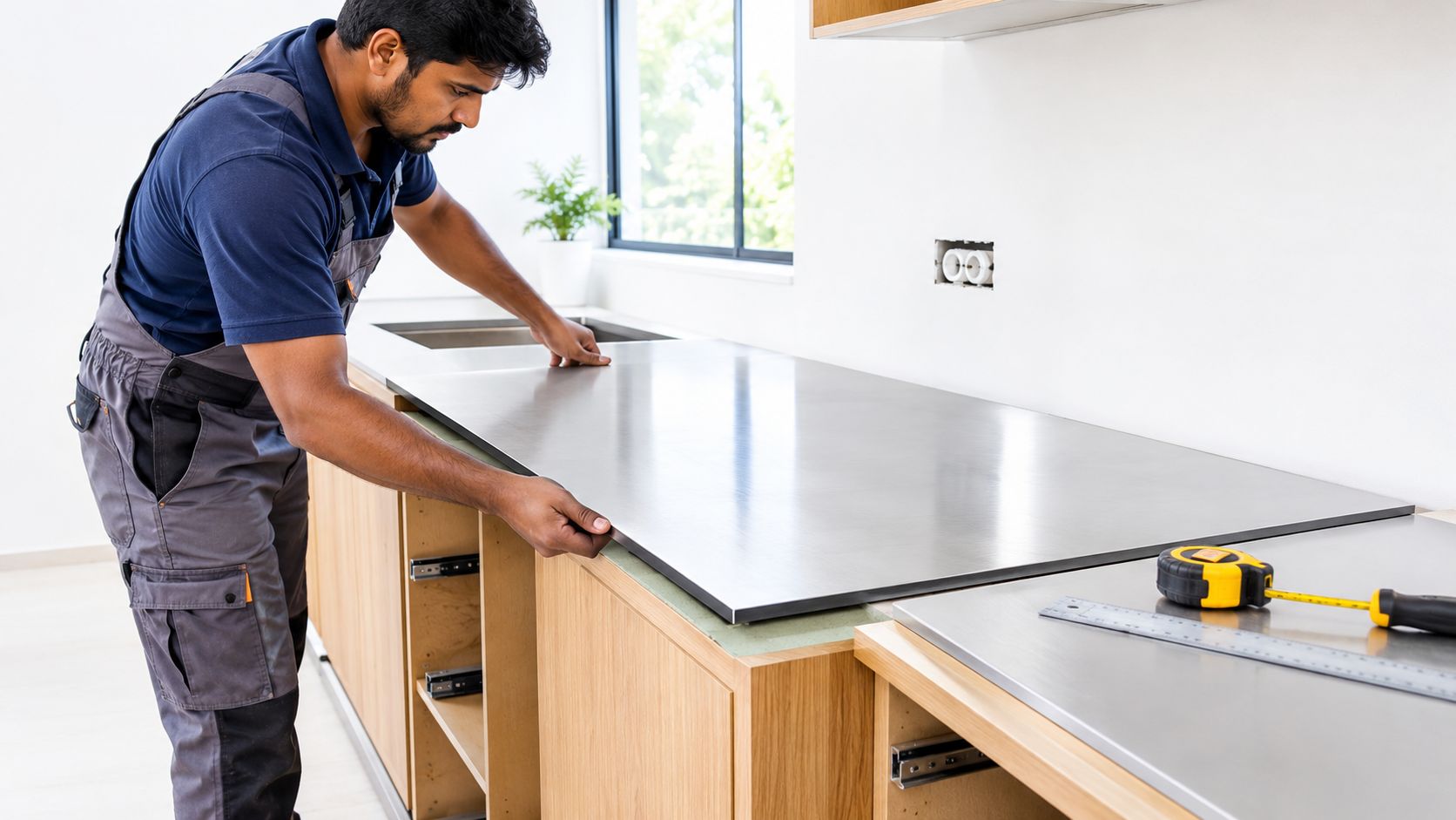 A professional construction worker installing a sleek stainless steel countertop in a modern kitchen renovation project.