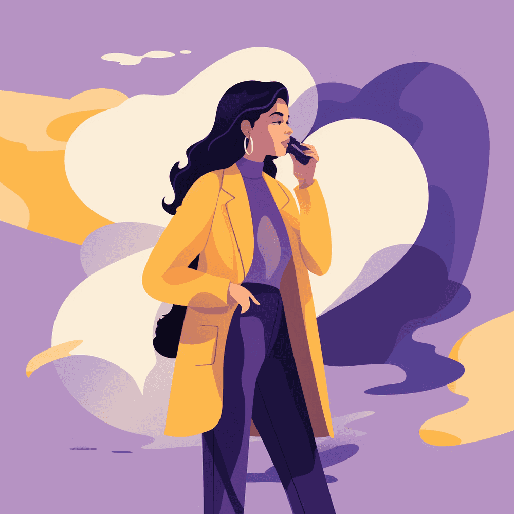 A stylish woman in a yellow coat talking on her phone.