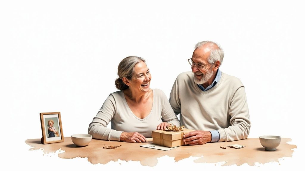 A happy senior couple joyfully sharing a gift at a table, looking at each other.