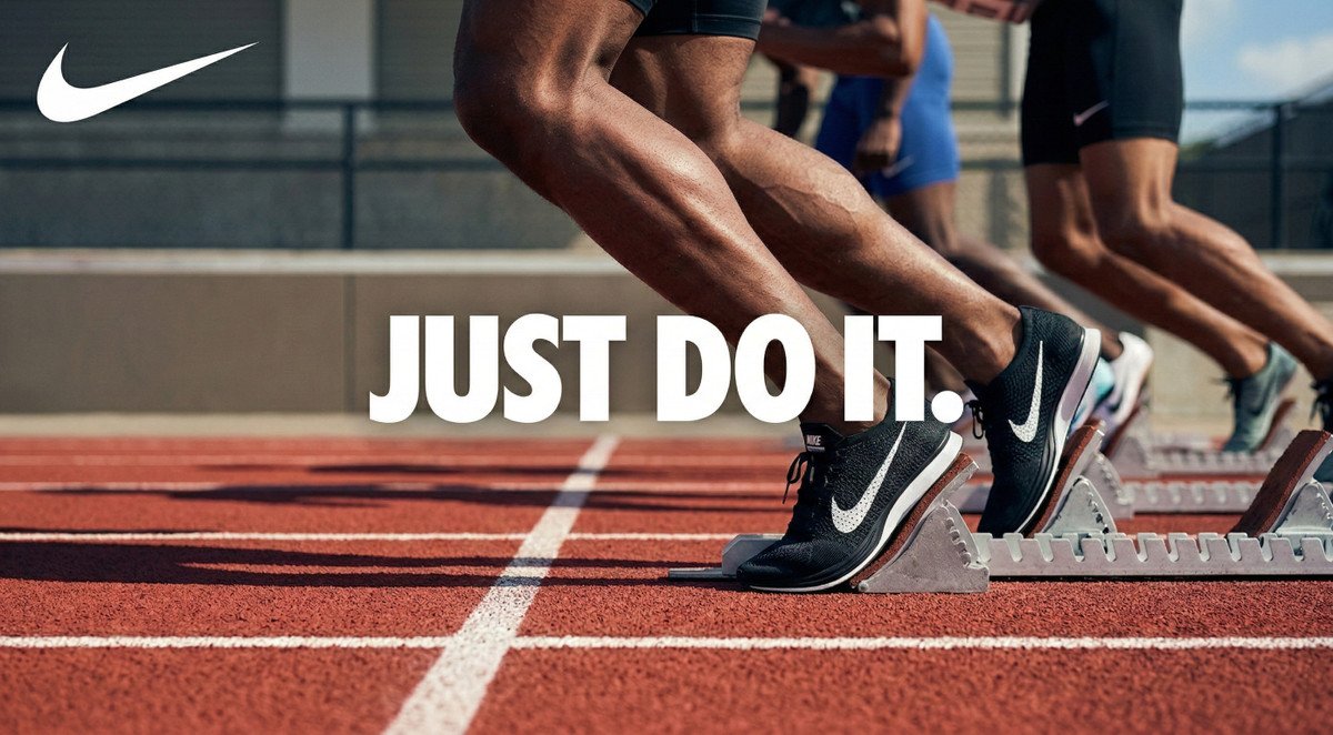 NB2 action shot: Nike JUST DO IT - brand advertising with logo and typography in athletic context