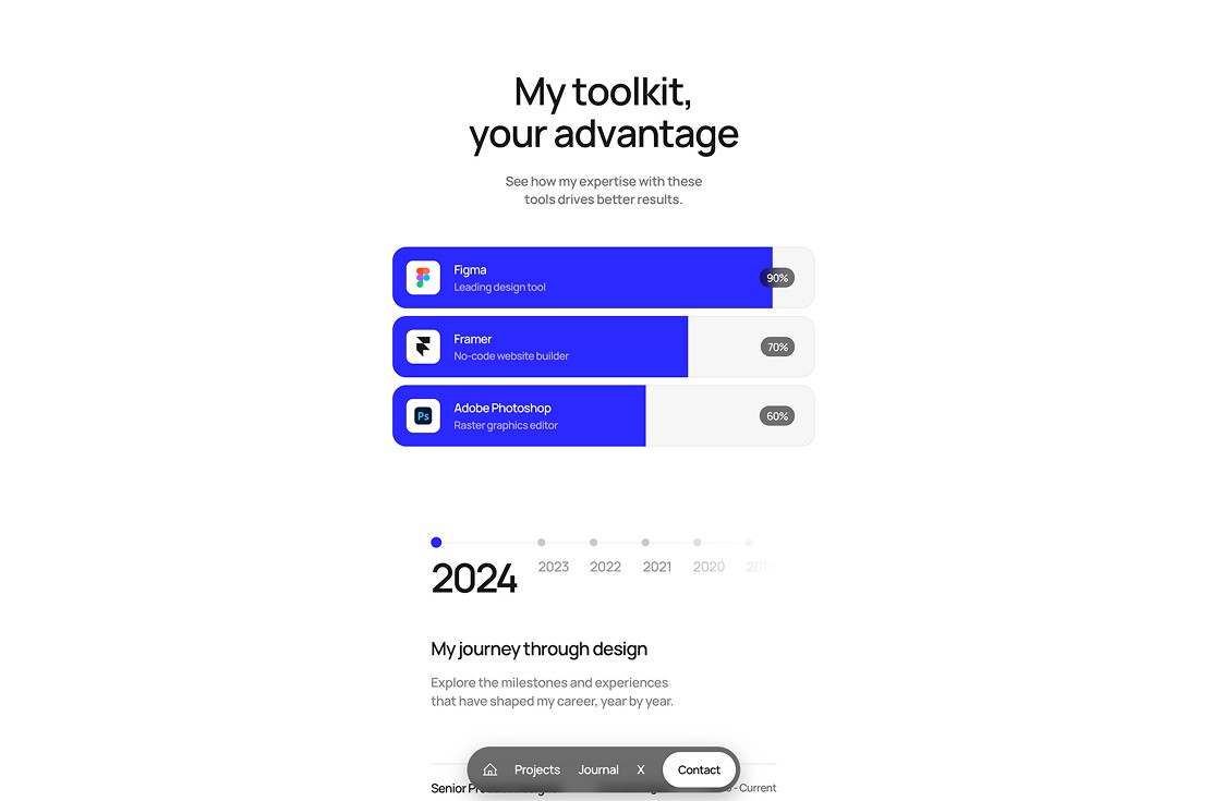 A skills and stack section showing a developer toolkit, with Figma, Framer, and Photoshop as labeled proficiency bars.